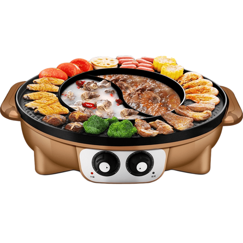 鼎锅居火锅烧烤一体锅家用电烧烤炉烤肉机煎涮煮可分离涮烤一体电热火锅_金色-大号一体鸳鸯锅带礼包