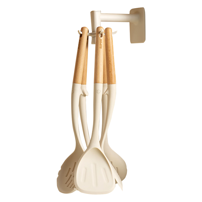 苏泊尔SUPOR铲勺套装木柄抗菌硅胶铲不粘锅煎铲汤勺漏勺平底锅专用炒菜铲子 5件套带挂钩TK24007E