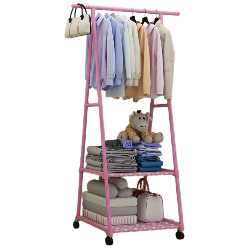 戴劲 简易衣帽架落地挂衣架卧室衣服架子多功能置物架 三角款粉色-[可移动带滑轮]