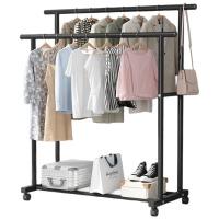 锦北简易衣帽架挂衣架落地卧室家用卧室衣服收纳架移动简易衣架置物架 双杆22款-1.2米-黑色(带轮)