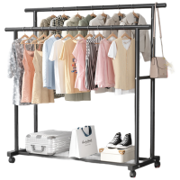 锦北 简易衣帽架挂衣架落地卧室家用卧室衣服收纳架移动简易衣架置物架 双杆25款-1.5米-黑色(带轮)