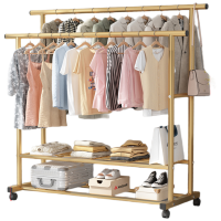 晋舰 简易衣帽架挂衣架落地卧室家用卧室衣服收纳架移动简易衣架置物架 双层-25款-1.5米-金色(带轮)