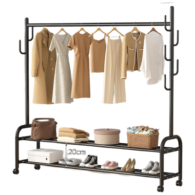 晋舰衣帽架双层1540*1500*370mm 轻奢衣帽架简约落地卧室挂衣架可移动网红简易挂衣服架子卧室家用 黑色