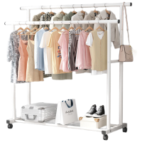 锦北 简易衣帽架挂衣架落地卧室家用卧室衣服收纳架移动简易衣架置物架 双杆25款-1.5米-白色(带轮)