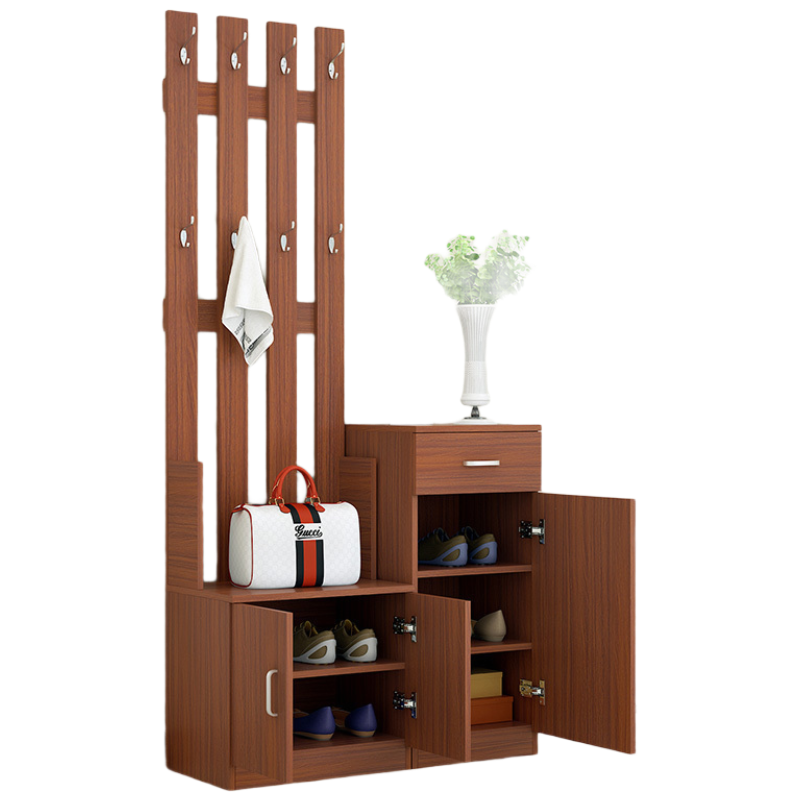 戴劲 鞋柜带挂衣架一体家用卧室落地口衣帽架现代简约玄关衣帽柜 全柚木色3门