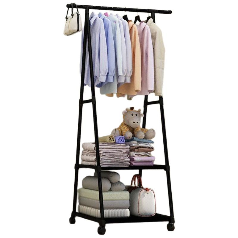 戴劲 简易衣帽架落地挂衣架卧室衣服架子多功能置物架 三角款黑色-[可移动带滑轮]