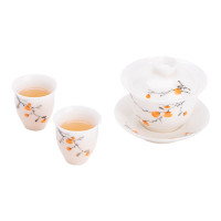 苏氏陶瓷(SUSHI CERAMICS)手绘釉下彩冰种玉瓷柿柿如意三才盖碗两杯茶具礼盒组