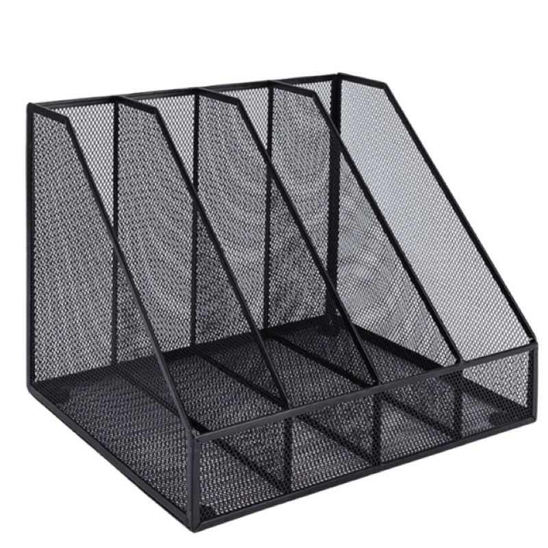得力(deli)四联金属桌面文件框栏书立架 办公室桌面档案收纳盒多层资料架子网状镂空文件置物架黑色78986