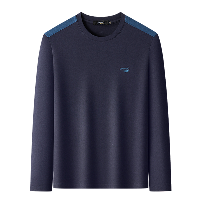 鳄鱼恤CROCODILE 男士撞色拼接圆领长袖休闲打底T恤