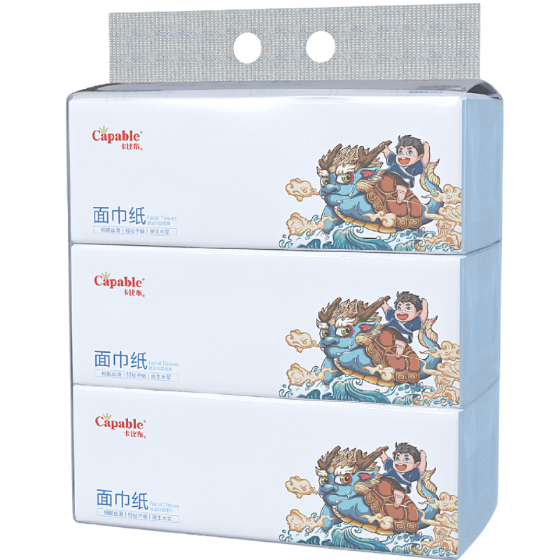 卡比布抽纸(四川大区)国潮新品原生木浆升级加厚456张114抽3包/提抽纸母婴级纸巾轻柔可湿水不易破