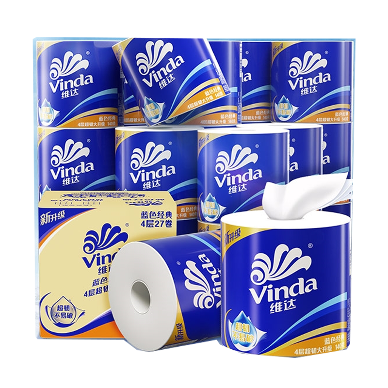 维达(Vinda)推荐维达蓝色经典卫生纸4层140g27卷箱家庭装有芯卷纸_商超同款140克x27卷
