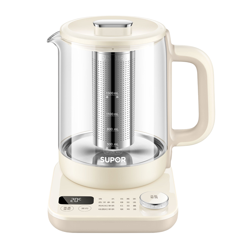 苏泊尔(SUPOR)养生壶1.5L大容量家用多功能高硼硅玻璃煮茶器不锈钢可拆卸茶篮电热水壶花茶壶 SW-15YT12