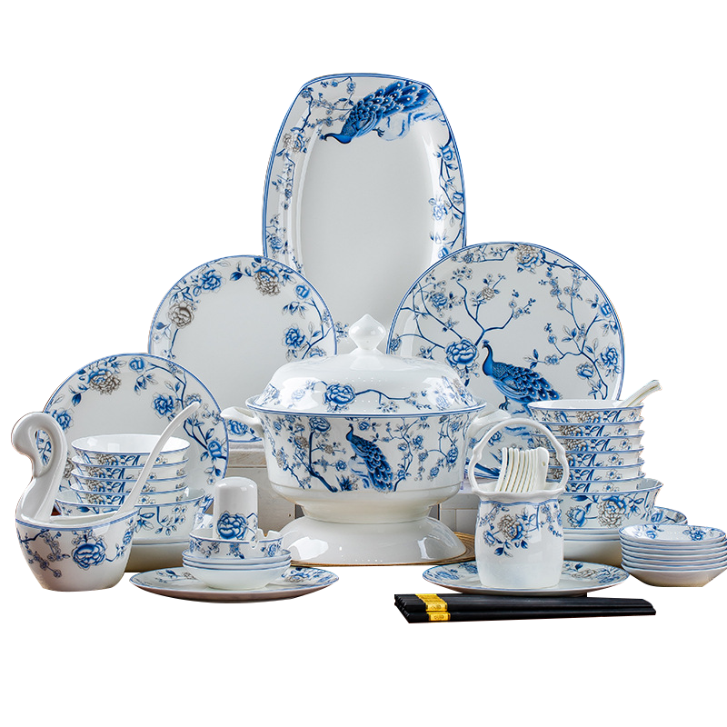 耀豪坤 青花孔雀蓝骨瓷餐具套装 60件套YHLQ-60/套
