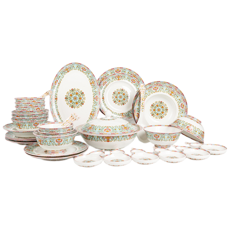 Gao Chun Ceramics 高淳陶瓷宫廷风骨瓷餐具碗碟筷中式套装家用盘子送礼乔迁结婚 花开富贵(蓝)38头餐具