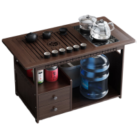 锦北 移动茶台家用竹木小茶桌烧水壶一体简约现代功夫茶几 80长玻璃+黑陶茶具