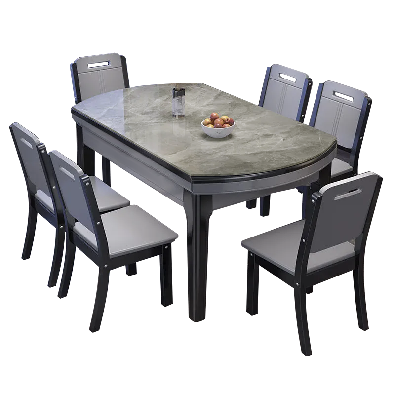 欧梵森 餐桌 意式亮光岩板餐桌轻奢实木可伸缩 折叠餐桌椅组合现代简约家用小户型圆桌长方形吃饭桌子欧式极简餐厅西餐桌