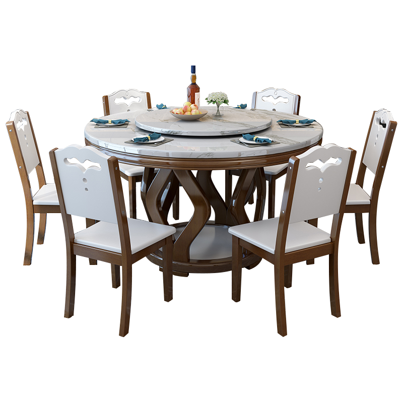 欧梵森 现代简约大理石餐桌家用组合实木大圆桌多功能转盘饭店桌椅旋转