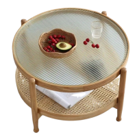 北欧藤编圆形玻璃茶几客厅家用沙发边几阳台茶桌小型