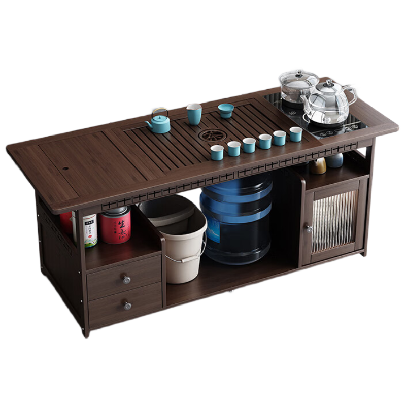 锦北 移动茶台家用竹木小茶桌烧水壶一体简约现代功夫茶几120长茶字面玻璃电器+孔雀茶具