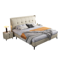 简臣意式轻奢榫卯头层牛皮真皮床婚床现代简约高档耐用双人带灯床6242