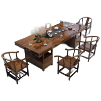 锦北 原木大板茶桌椅组合茶海茶桌办公室茶几茶道喝茶桌套装一体2.2米抽屉储物大板+1富贵椅4围椅