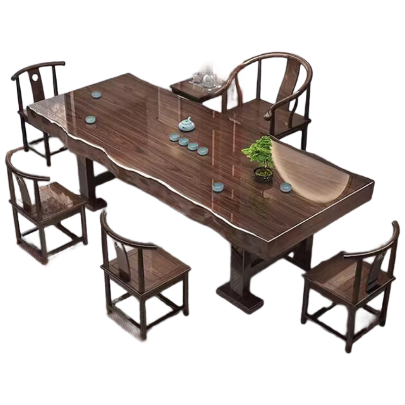 锦北 原木大板茶桌椅组合桌新中式茶桌办公室整板喝茶桌套装一体2.0米桌+1围椅+4月牙椅+茶水柜