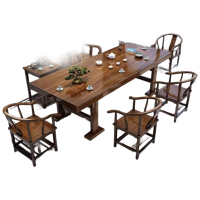 戴劲原木大板茶桌椅组合茶海茶桌办公室茶几茶道喝茶桌套装一体 1.8平面款+1富贵椅4围椅+茶水柜