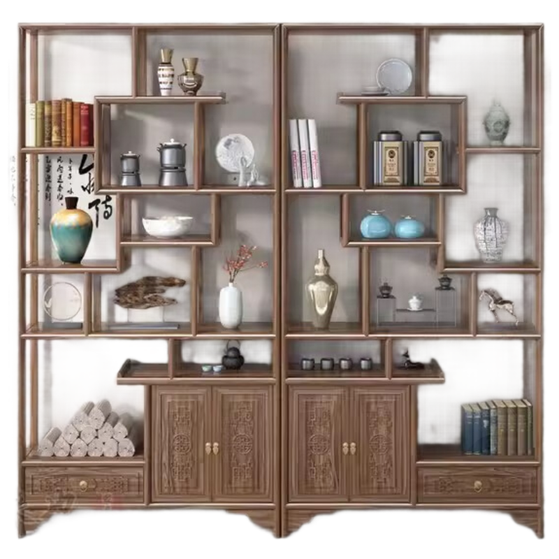 锦北博古架多宝阁茶叶架子新中式客厅办公室隔断置物架两门一斗博古架