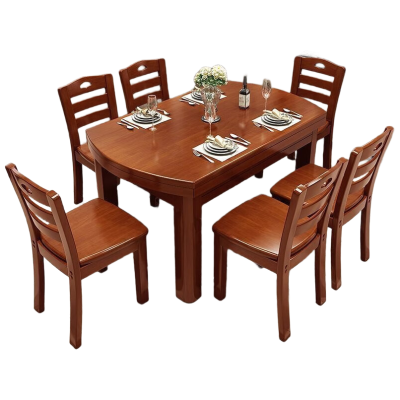 戴劲餐桌家用餐桌椅组合实木餐桌小户型可伸缩多功能饭桌1.5海棠1桌6