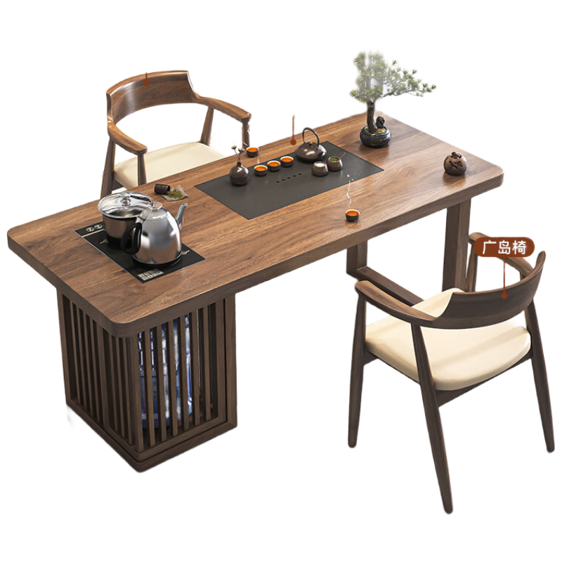 晋舰茶桌阳台茶桌实木茶桌茶台烧水壶一体桌小型原木泡茶桌1.0米2椅