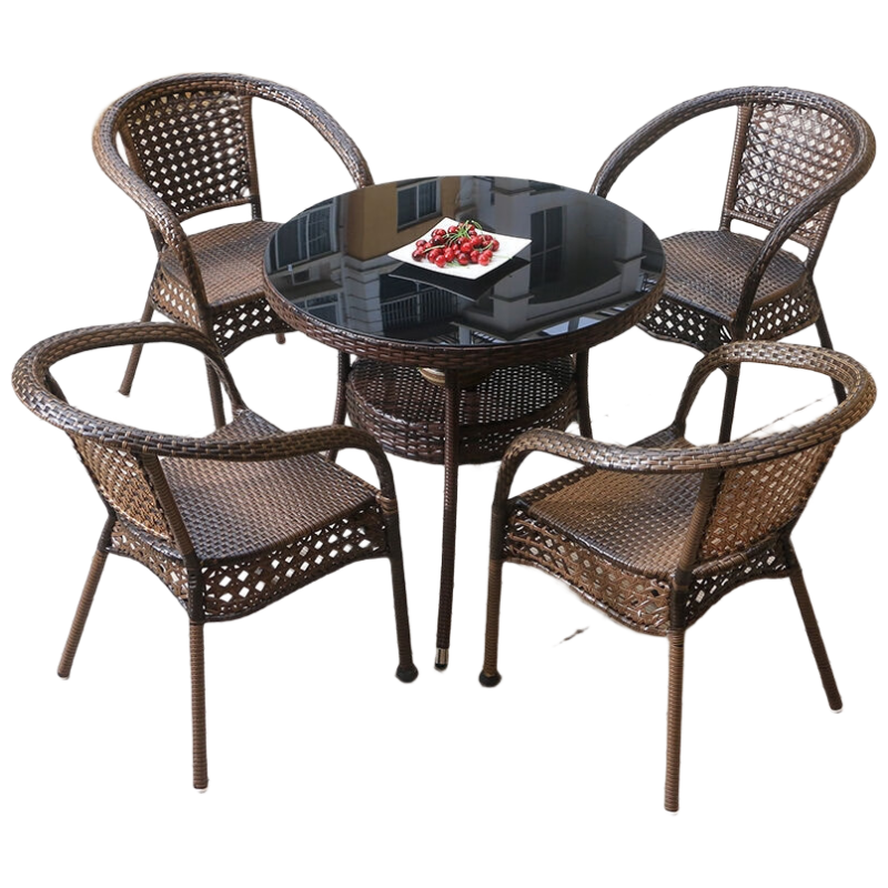 戴劲藤椅阳台桌椅室外庭院藤编椅子花园茶几藤椅组合4椅+70双层圆桌