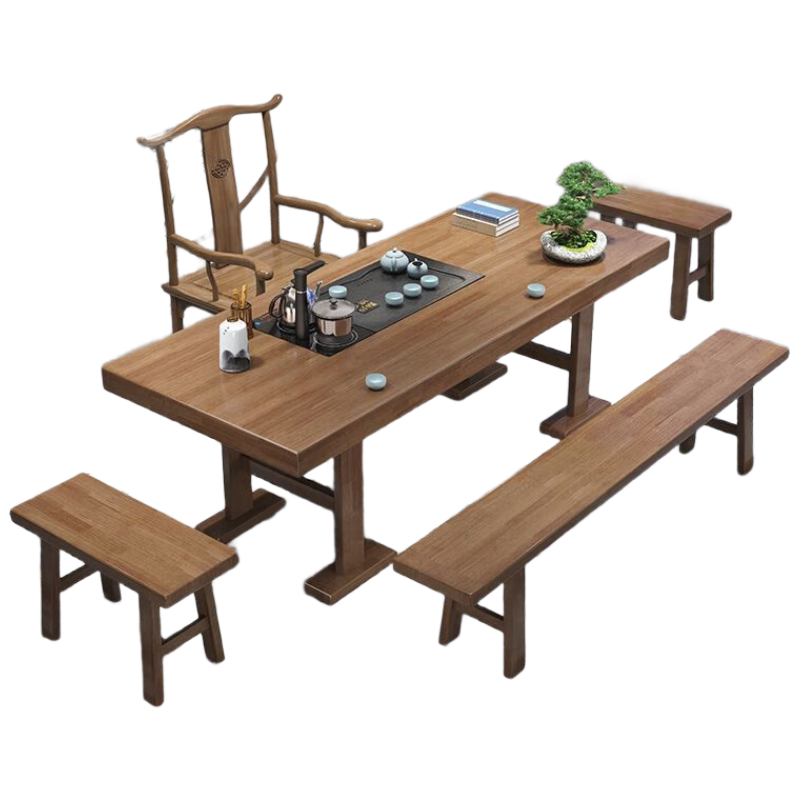 锦北茶桌大板茶桌办公室喝茶接待新中式桌椅 2.0单桌+官帽+2方凳+长凳