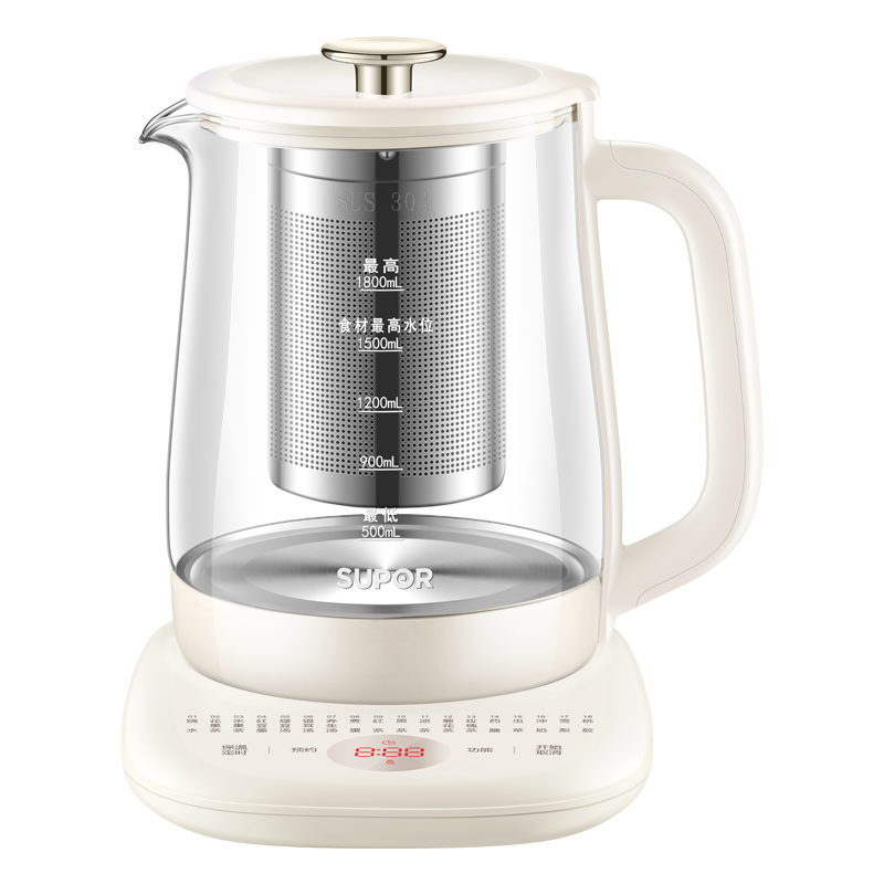 苏泊尔(SUPOR)家用1.8L大容量养生壶 煮茶器煮茶壶304不锈钢电水壶保温花茶壶烧水壶玻璃面板带滤网18YJ15A