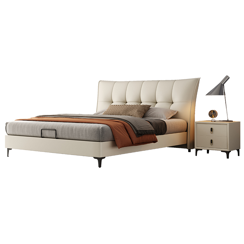 意式轻奢真皮床极简北欧风大主卧婚床软包床静音双人床-米括家居N007