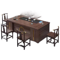 锦北新中式茶桌椅组合茶台茶具套装一体桌阳台办公室泡茶桌2.2米1铜梳背4铜套月牙加茶水柜