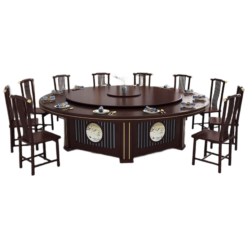 锦北新中式手动餐桌酒店大圆桌木质现代桌包厢大型餐桌 2.2米含10椅