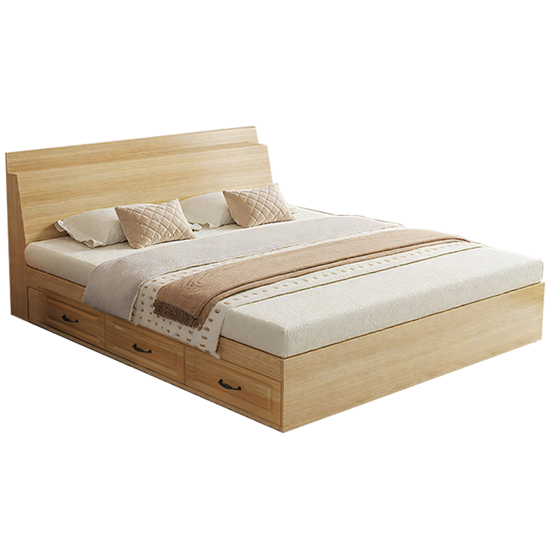 筑亮 单人床 150*200*88cm原木色带抽款+10cm床垫 套