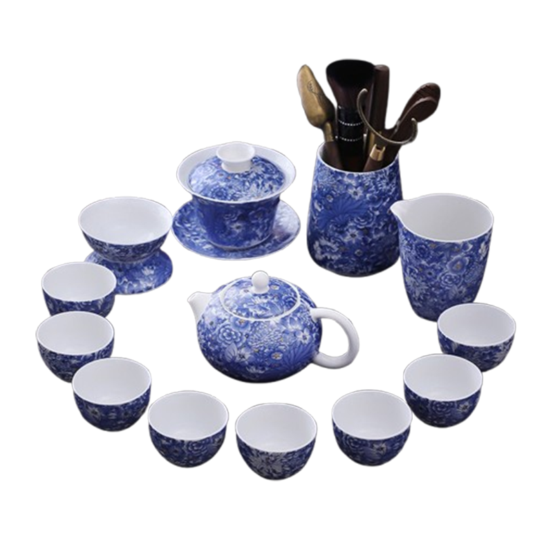 豪峰白瓷梦幻花西施壶款19件套青花功夫茶具套装GF02539