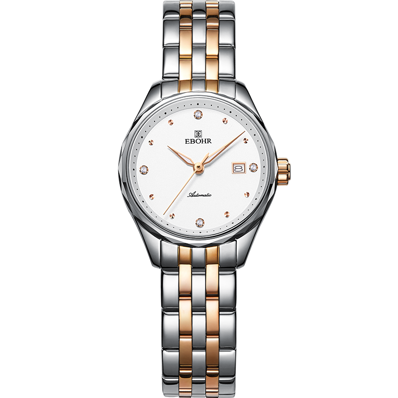 依波表EBOHR自动机械女表不锈钢蝴蝶扣日历显示50米防水人工蓝宝石玻璃表镜