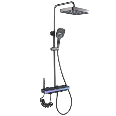 苏宁宜品枪灰色无铅水路四出水淋浴花洒套装 七彩果冻灯 空气增压 硅胶出水嘴 钢琴按键自带置物架大尺寸方形顶喷(不含安装)