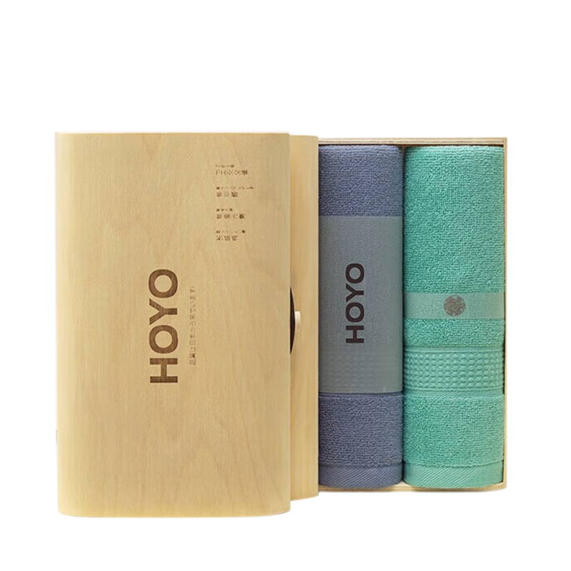 HOYO厚祐毛巾透气柔软臻品单条木质礼盒青绿色+紫色JP8953