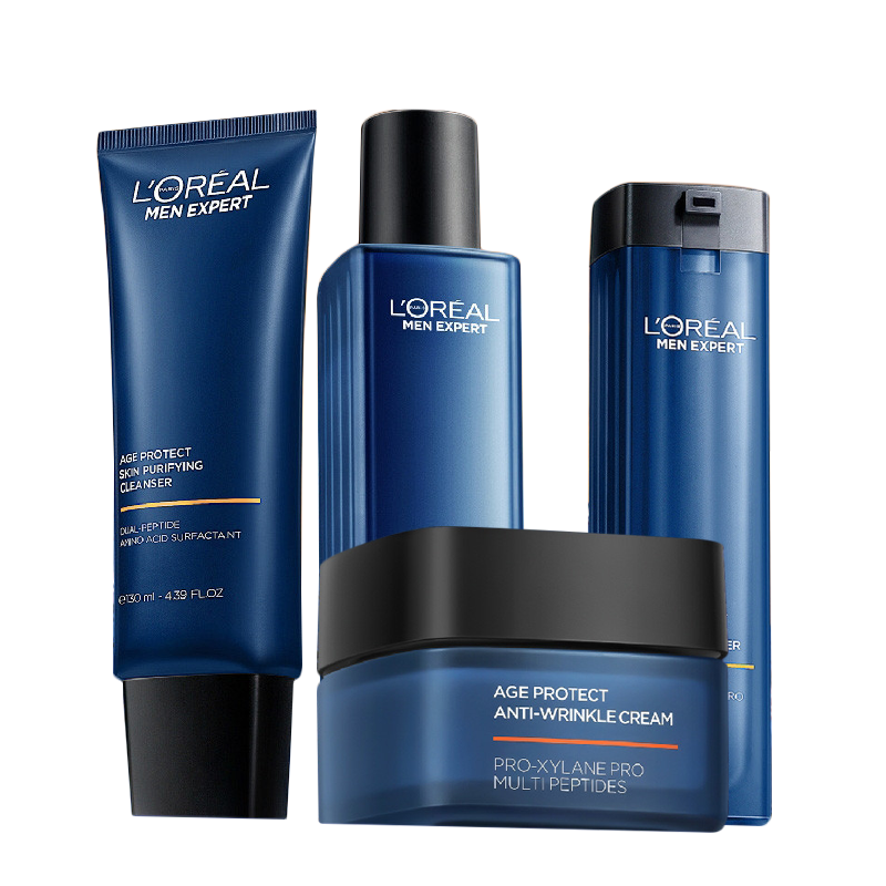 欧莱雅男士青春肌源淡纹套装(洁面+ 爽肤水+乳液+淡纹霜)玻色因抗皱紧致保湿护肤品父亲节礼物
