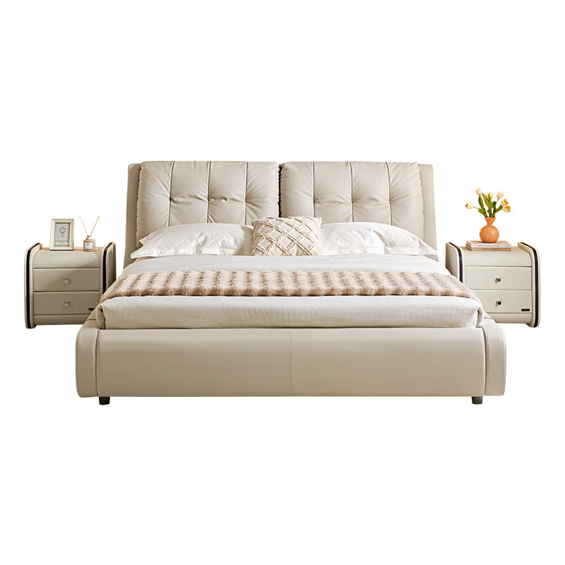 全友家居现代简约头层牛皮软包云朵床主卧室1.8x2米真皮落地床