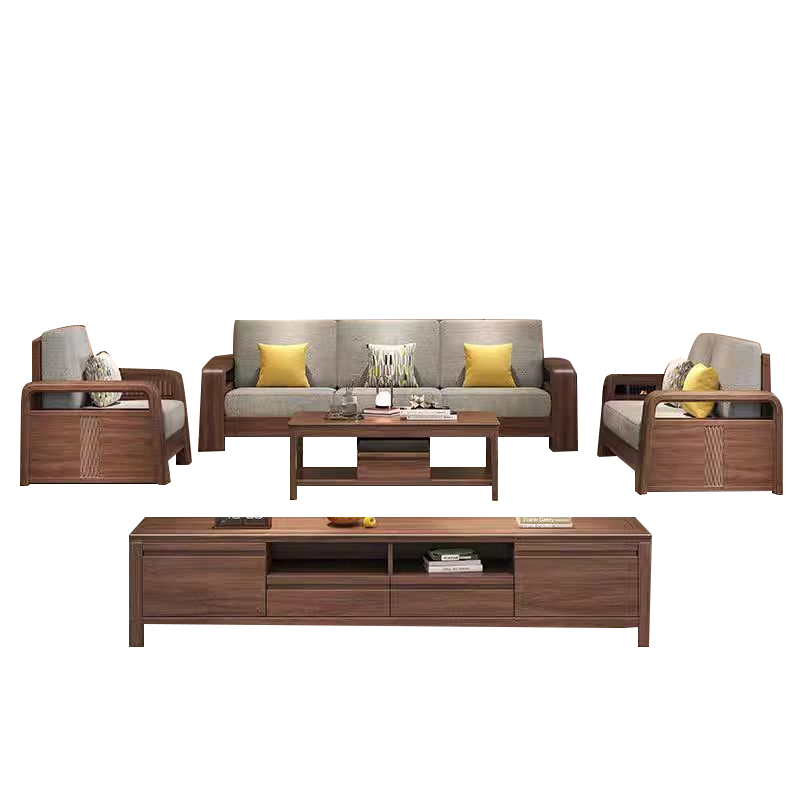 中式黑胡桃木实木沙发客厅茶几电视柜组合布艺实木沙发时尚简约