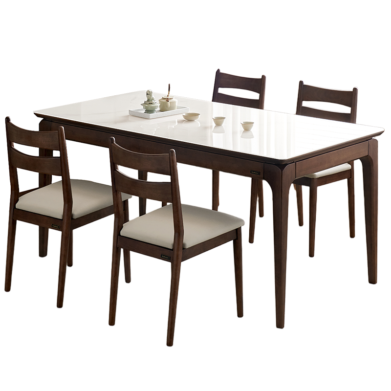 全友家居新中式餐厅客厅实木框架钢化玻璃台面餐桌软包坐面餐椅家具