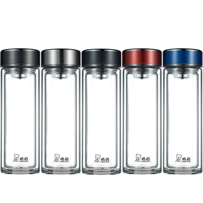 希诺双层玻璃杯395ml防烫便携提环泡茶杯XN-6780(颜色随机)