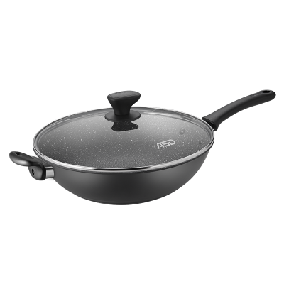 爱仕达炒锅不粘锅家用炒菜锅煤气燃气灶圆底锅具麦饭石色尖底不沾锅子大