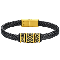 周大福方胜纹足金黄金转运珠男钢扣皮绳生日礼物EOR1295