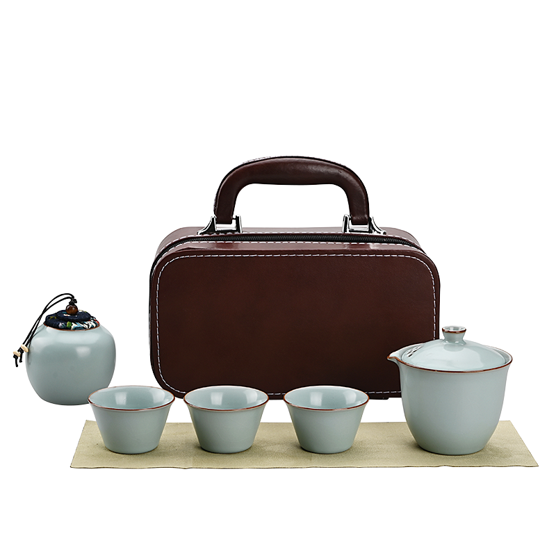旅行茶具套装 仿宋汝窑便携户外功夫茶具陶瓷旅行茶壶茶杯套组 青云直上