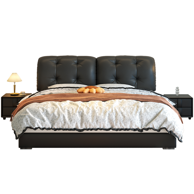 意式极简真皮床轻奢家用高级感主卧室带储物软包大床网红泡芙婚床